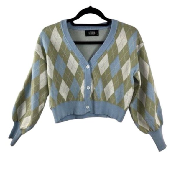 Cider Cropped Cardigan Argyle V-Neck Preppy Soft Girl Sweater - Picture 1 of 12